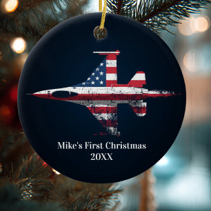 Boy First Christmas Jet Fighter US Aeroplane Custo Ceramic Tree Decoration
