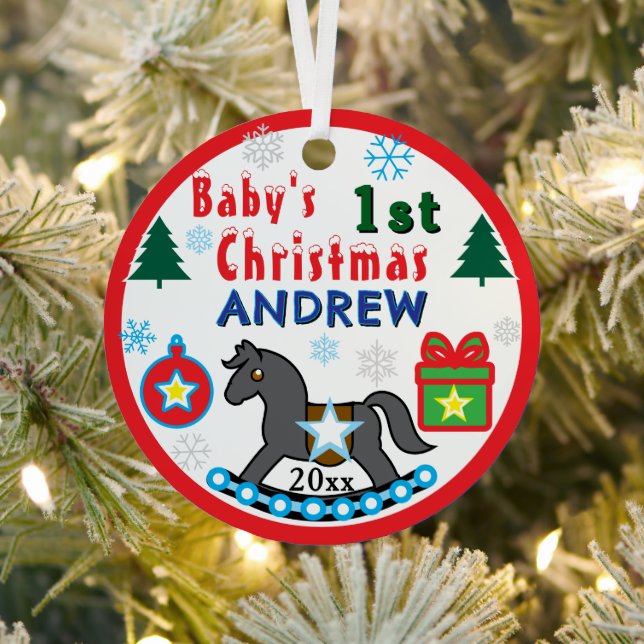 Boy First Christmas PHOTO Gray Horse  Metal Tree Decoration (Insitu)