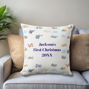 Boy First Christmas Watercolor Airplanes Clouds Cushion