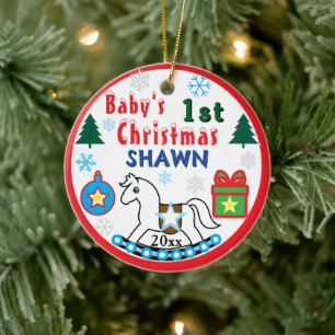 Boy First Christmas White Horse Peace Ceramic Tree Decoration