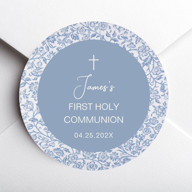 Boy First Communion Blue and White Floral Pattern  Classic Round Sticker (Creator Uploaded)