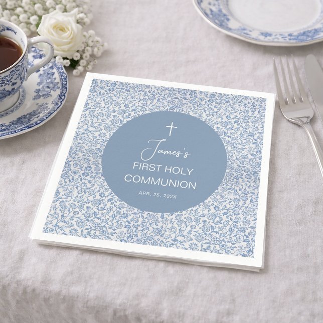 Boy First Communion Blue and White Floral Pattern Napkin (Creator Uploaded)