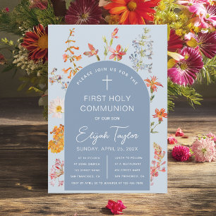 Boy First Communion  Blue Arch Wildflowers Floral Invitation