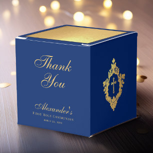 Boy First Communion Blue Faux Gold Crest Thank You Favour Box