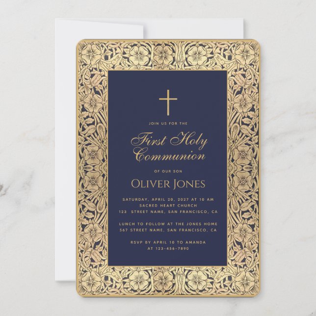 Boy First Communion Blue Gold Floral Frame Elegant Invitation (Front)