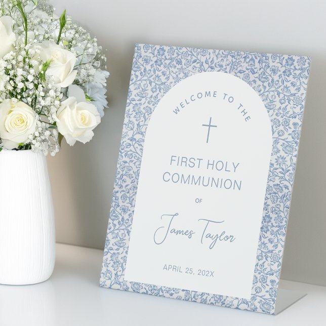 Boy First Communion Blue White Arch Floral Welcome Pedestal Sign (Creator Uploaded)