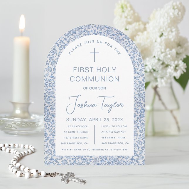 Boy First Communion Blue White Floral Pattern Arch Invitation (Creator Uploaded)