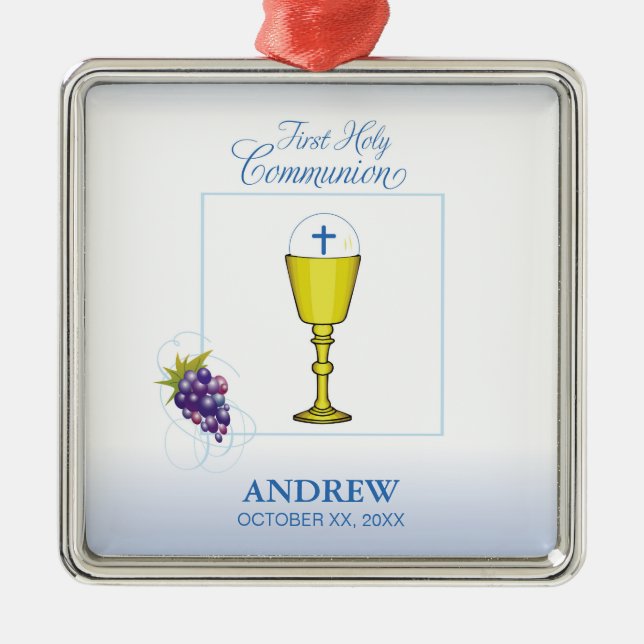 Boy First Communion, Chalice with Host and Grapes Metal Tree Decoration (Front)