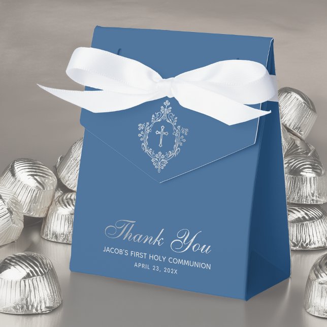 Boy First Communion Classic Blue Faux Silver Crest Favour Box (Creator Uploaded)