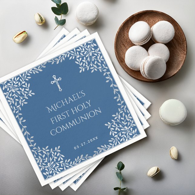 Boy First Communion Classic Blue Silver Leaves Napkin (Creator Uploaded)