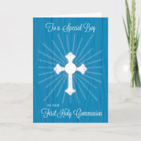 Boy First Communion Cross and Rays on Blue Wood