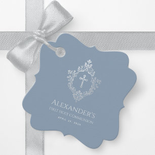 Boy First Communion Dusty Blue Elegant Crest Cross Favour Tags