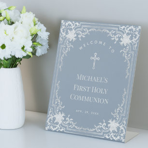 Boy First Communion Dusty Blue Vintage Welcome Pedestal Sign