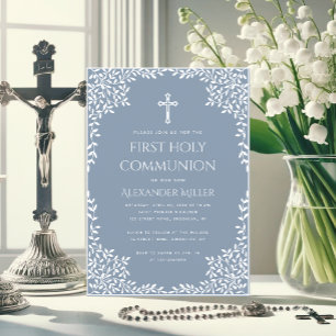  Boy First Communion Dusty Blue White Leaves Cross Invitation