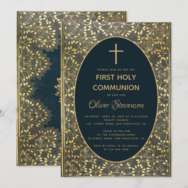 Boy First Communion Elegant Blue Gold Leaves Cross Invitation (Front/Back)