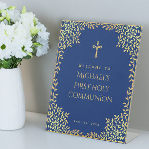Boy First Communion Faux Gold Leaves Royal Blue Pedestal Sign