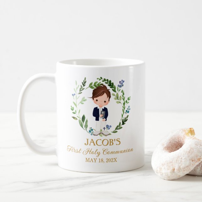Boy First Communion Favours - Navy Suite Coffee Mug (With Donut)