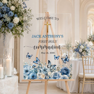 Boy First Communion Gold Cross Blue Floral Welcome Acrylic Sign