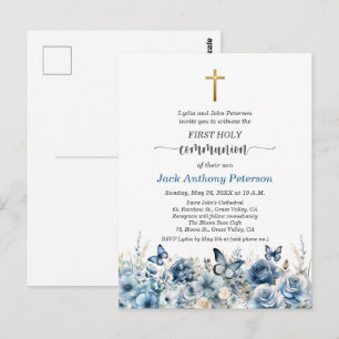 Boy First Communion Gold Cross Floral Invitation Postcard