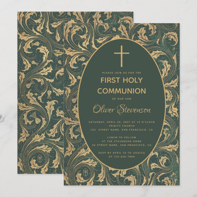 Boy First Communion Gold Cross Vintage Thistle Invitation (Front/Back)