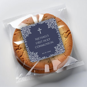 Boy First Communion Navy Blue Elegant Leaves Square Sticker