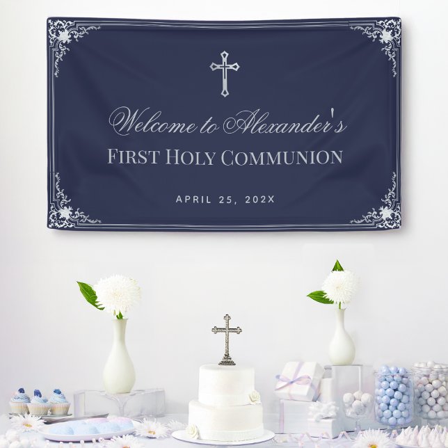 Boy First Communion Navy Blue Elegant Ornate Cross Banner (Creator Uploaded)