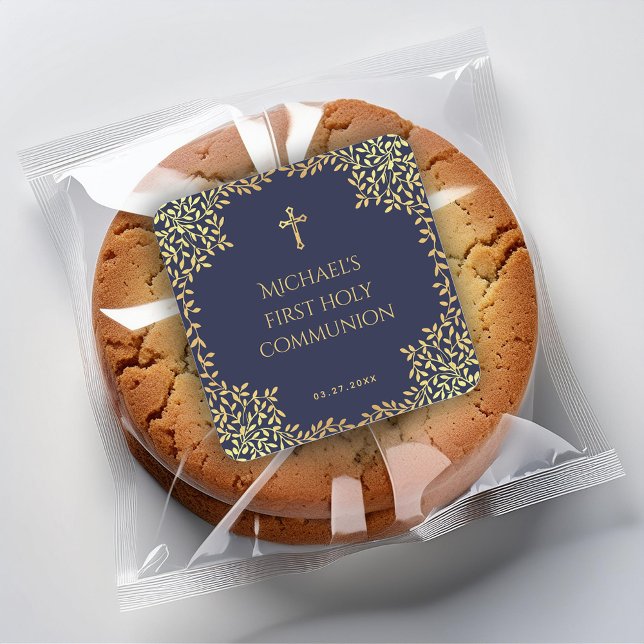 Boy First Communion Navy Blue Faux Gold Leaves Square Sticker (Creator Uploaded)