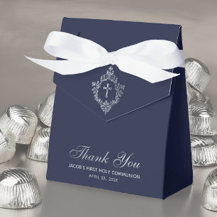 Boy First Communion Navy Blue Faux Silver Crest Favour Box