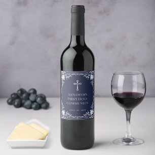 Boy First Communion Navy Blue Faux Silver Vintage Wine Label