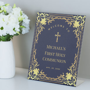 Boy First Communion Navy Blue Gold Elegant Welcome Pedestal Sign