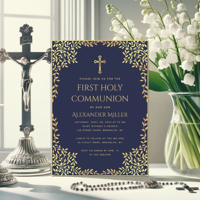 Boy First Communion Navy Blue Gold Leaves Elegant  Invitation (Creator Uploaded)