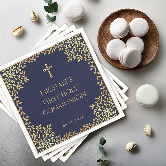 Boy First Communion Navy Blue Gold Leaves Elegant Napkin (Creator Uploaded)