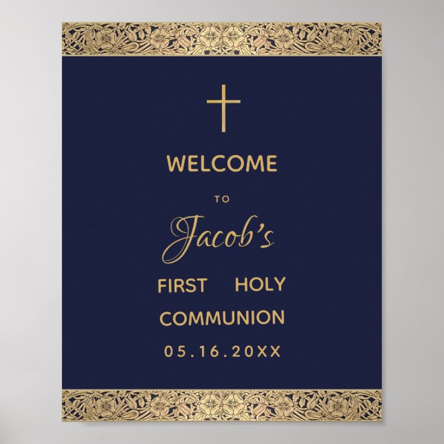 Boy First Communion Navy Blue Gold Roses Welcome Poster (Front)