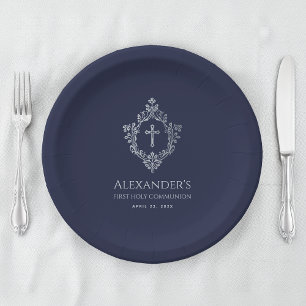 Boy First Communion Navy Blue Silver Vintage Crest Paper Plate