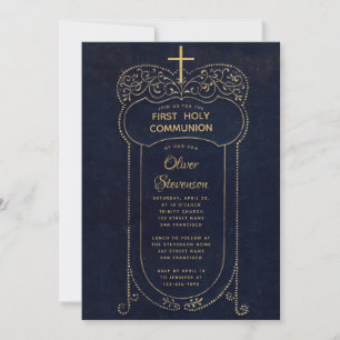 Boy First Communion Navy Blue Vintage Calligraphy Invitation