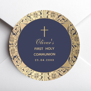 Boy First Communion Navy Blue Vintage Gold Roses Classic Round Sticker