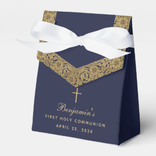Boy First Communion Navy Blue Vintage Gold Roses Favour Box