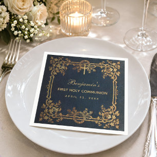 Boy First Communion Navy Blue Vintage Gold Vines Napkin