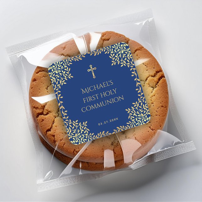 Boy First Communion Royal Blue Faux Gold Leaves Square Sticker (Creator Uploaded)