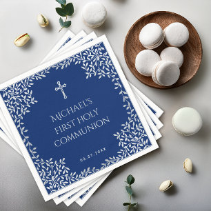 Boy First Communion Royal Blue Silver Leaves Cross Napkin