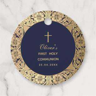 Boy First Communion Vintage Navy Blue Gold Roses Favour Tags
