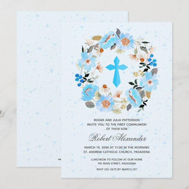 Boy First Communion Watercolor Blue Floral Invite (Front/Back)