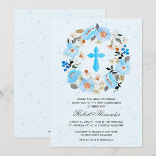 Boy First Communion Watercolor Blue Floral Invite
