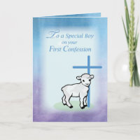Boy First Confession, Lamb, Cross on Blue Backgrou