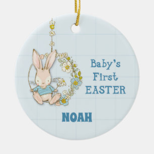 Boy First Easter Bunny on Flower Swing Ceramic Tree Decoration