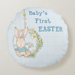 Boy First Easter Bunny on Flower Swing Round Pillo Cushion