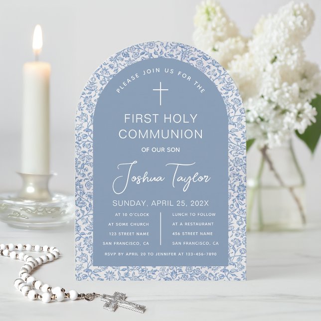 Boy First Holy Communion Blue Arch Floral Pattern Invitation (Creator Uploaded)