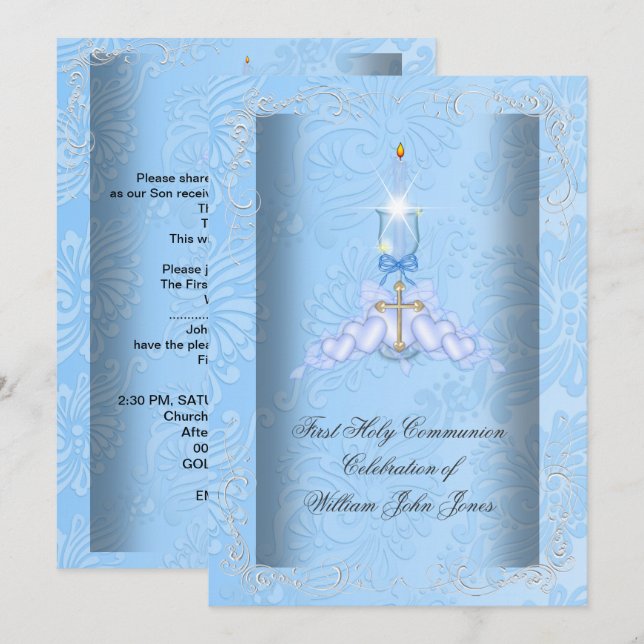 Boy First Holy Communion Blue Boys Invitation (Front/Back)