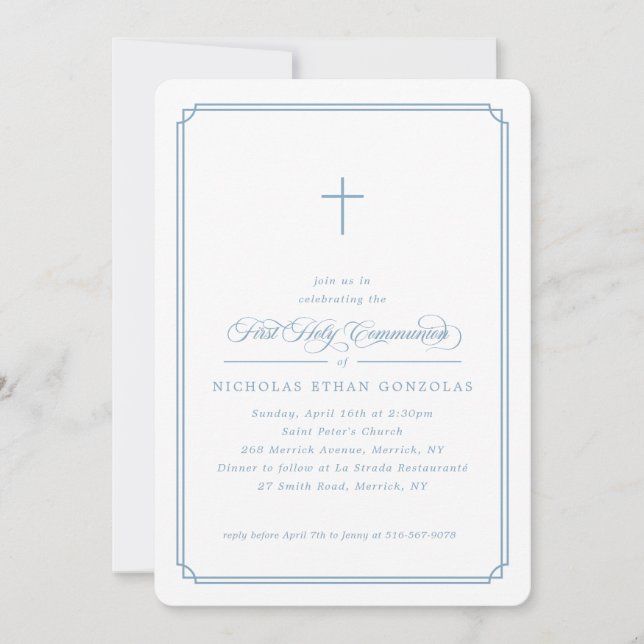 Boy First Holy Communion Blue Cross Simple Frame Invitation (Front)