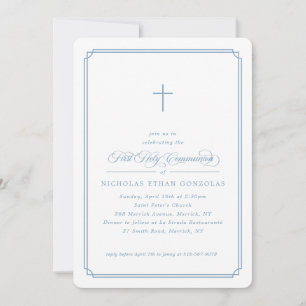 Boy First Holy Communion Blue Cross Simple Frame Invitation